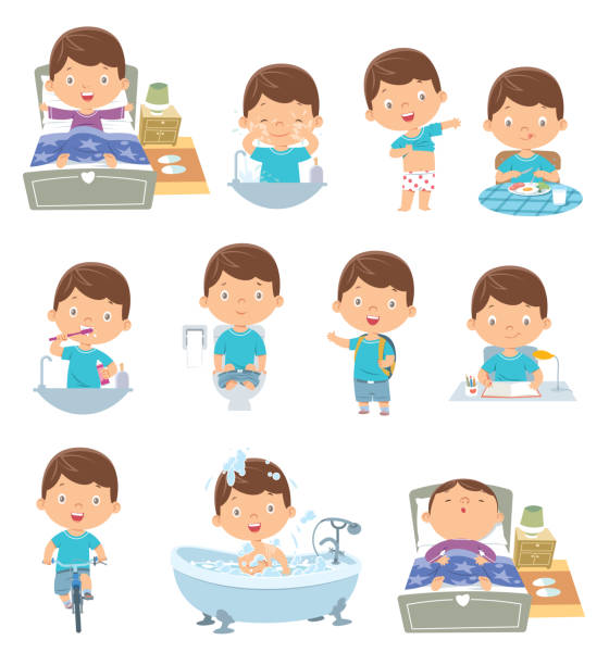 어린이 일상 활동 - 아침 일러스트 stock illustrations