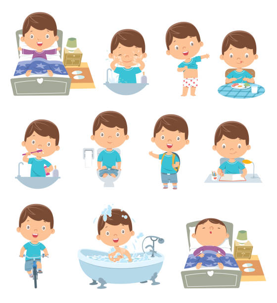 ilustrações, clipart, desenhos animados e ícones de crianças atividades diárias de rotina - sleeping child cartoon bed