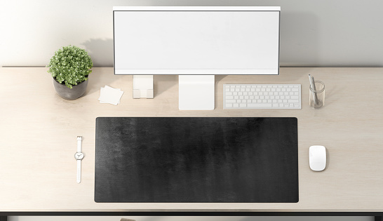 Blank black desk mat mouse and keyboard mockup, top view, 3d rendering. Empty keypad carpet and white screen for workplace mock up. Clear rubber accessory pad for table pc mokcup template.