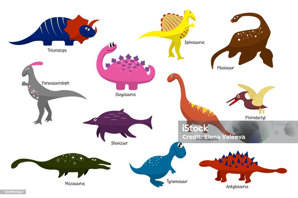 Ilustración de Dinosaurios Multicolores De Dibujos Animados Con Nombres  Para Los Niños Papel Pintado Decoración Textiles Pegatinas Ropa Ropa De  Cama Envoltura De Regalo y más Vectores Libres de Derechos de Dinosaurio -