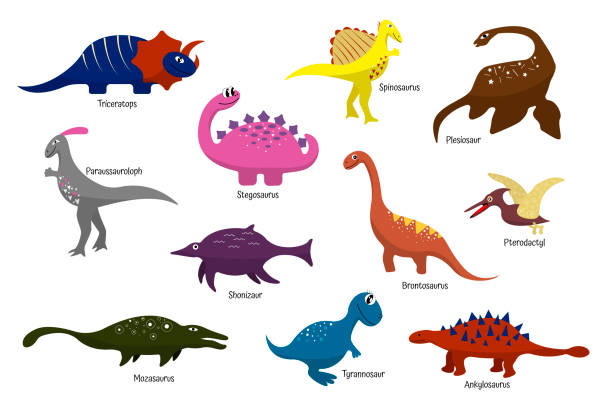 Ilustración de Dinosaurios Multicolores De Dibujos Animados Con Nombres  Para Los Niños Papel Pintado Decoración Textiles Pegatinas Ropa Ropa De  Cama Envoltura De Regalo y más Vectores Libres de Derechos de Dinosaurio -