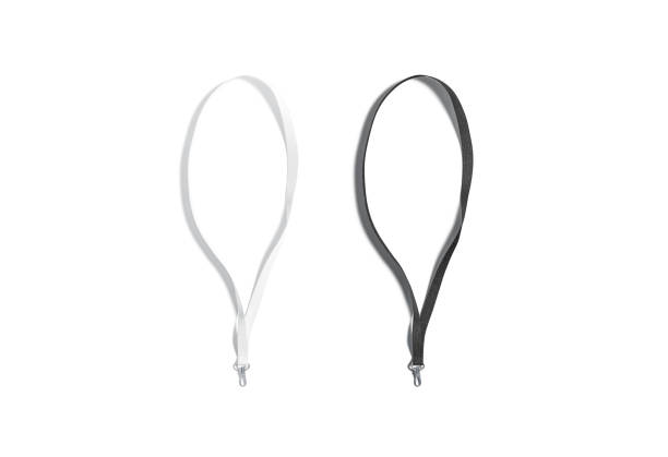 Blank black and white lanyard for name card mockup set, isolated, 3d rendering. Empty identity rope for corporate tag mock up, top view. Clear string lanyards for identification mokcup template.