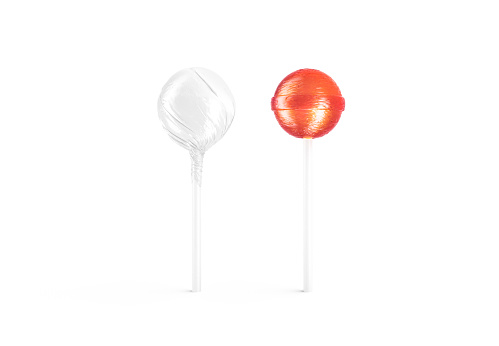 Blank two caramel lollipop with white wrapper mockup, front view, 3d rendering. Empty candy bonbon wrapped mock up, isolated. Clear orange gumdrop and lolli envelope mokcup template.