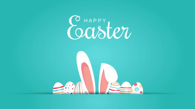Happy Easter message with eggs and bunny ears. Blue background. 4k animation