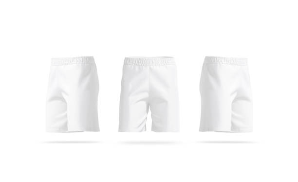 Blank white soccer shorts mockup, front and side view Blank white soccer shorts mockup, front and side view, 3d rendering. Empty sporty boxer or swimtrunks mock up, isolated. Clear clothing for pool or athlete training mokcup template. shorts stock pictures, royalty-free photos & images