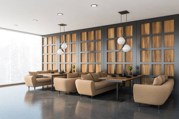istock Gray and wooden cafe corner with sofas 1209946213