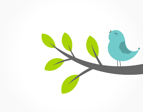 Cute blue bird singing on the tree branch. Spring vector illustration.