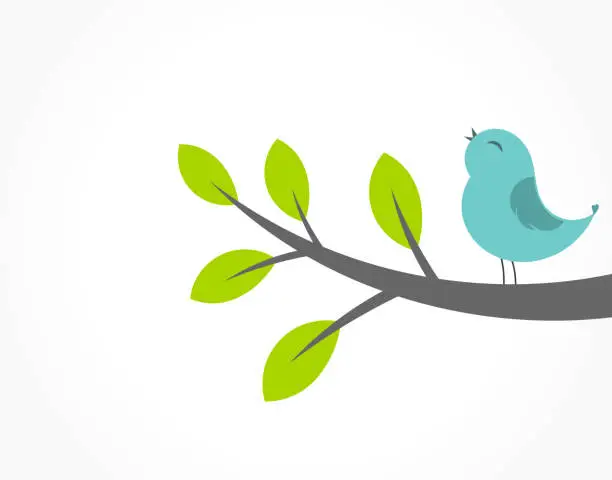 Vector illustration of Cute blue bird singing on the tree branch.