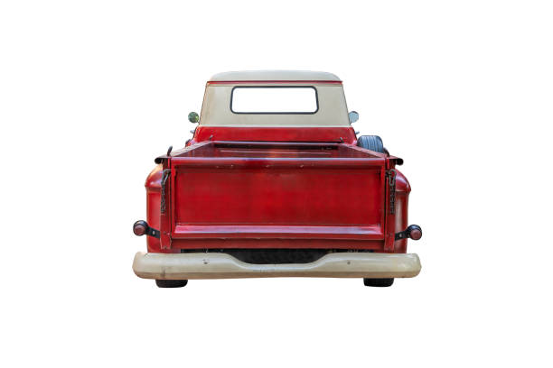 The back of a vintage red pickup truck,isolated on white background with clipping path The back of a vintage red pickup truck,isolated on white background with clipping path old truck stock pictures, royalty-free photos & images