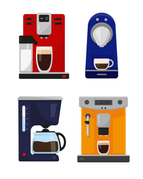 illustrazioni stock, clip art, cartoni animati e icone di tendenza di set di diverse caffettiere e macchine da caffè per la casa e l'ufficio su sfondo bianco. illustrazione vettoriale. - machine made