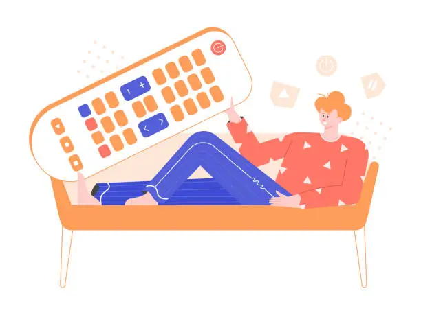 Vector illustration of Young man lies on a sofa with a big remote control.