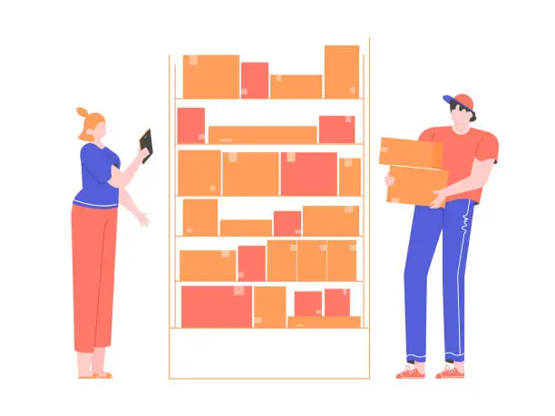 Vector illustration of Colleagues in stock. Shelves with boxes.