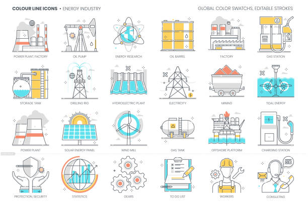 ilustraciones, imágenes clip art, dibujos animados e iconos de stock de relacionado con la industria energética, línea de color, icono vectorial, conjunto de ilustraciones - oil rig illustrations