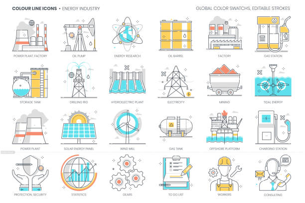 związane z przemysłem energetycznym, linia kolorów, ikona wektorowa, zestaw ilustracji - computer icon symbol oil industry power station stock illustrations