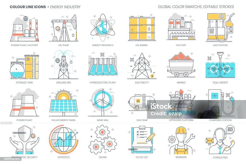 Energiindustrin relaterad, färglinje, vektorikon, illustrationsuppsättning - Royaltyfri Ikon vektorgrafik