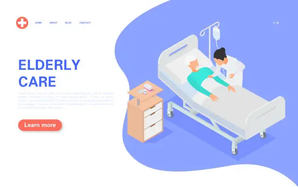 Vector illustration of Doctor take care of a sick elderly man. Senior patient lies on a medical bed in a hospital. Medecine and healthcare.