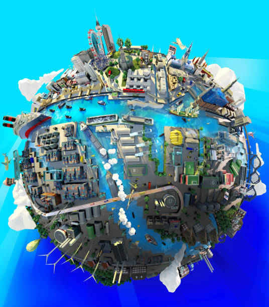 Global Map Illustration - Hamburg A spherical, global map illustration from Hamburg, Germany (LOD 5 - Level of Detail) Low Poly Modelling and 3d Rendering köhlbrandbrücke stock pictures, royalty-free photos & images