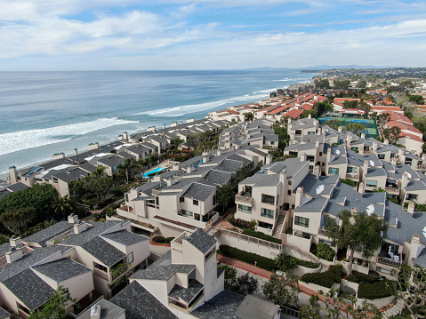 Aerial view of wealthy condy community on the cleef next to the ocean in south california, USA