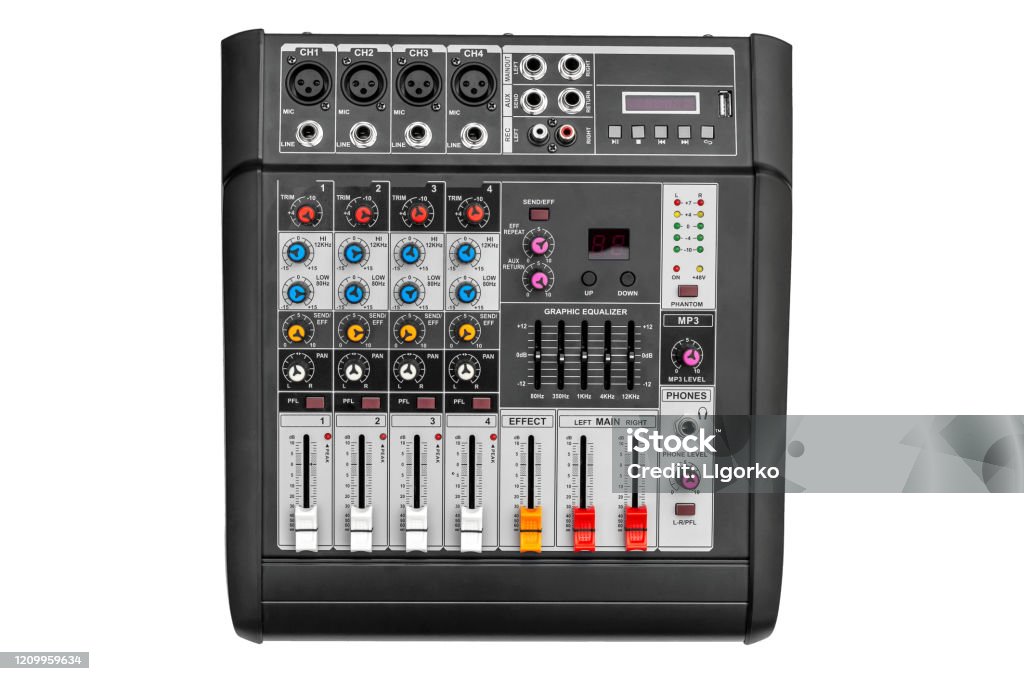 Audio mixer console on white background. Adjusting Stock Photo