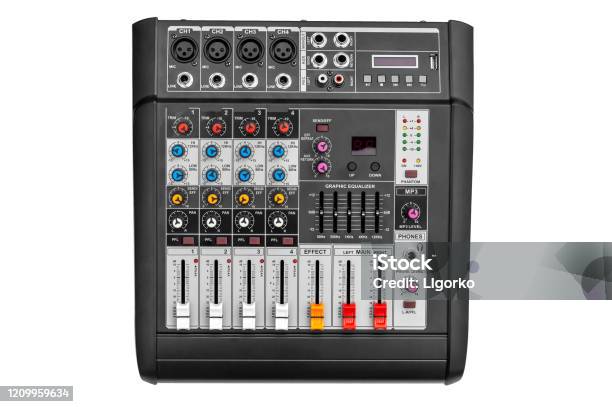 Audio Mixer Console On White Background Stock Photo - Download Image Now - Adjusting, Amplifier, Analog