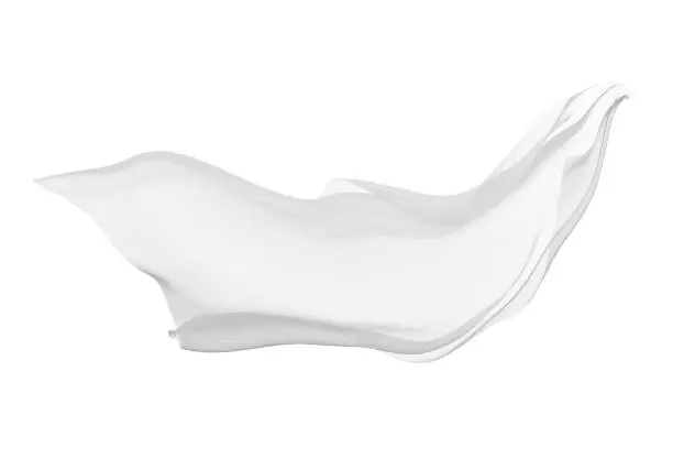 close up of a white fabric cloth flowing on white background