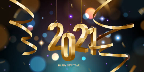 Happy New Year 2021 Happy New Year 2021. Hanging golden 3D numbers with ribbons and confetti on a defocused colorful, bokeh background. 2021 stock illustrations