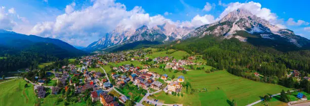 San vito di Cadore and Mount Antelao in Dolomites Italy Aerial view