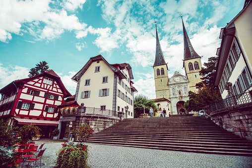 Buildings Around St. Leodegar Church In Luzerne, Switzerland