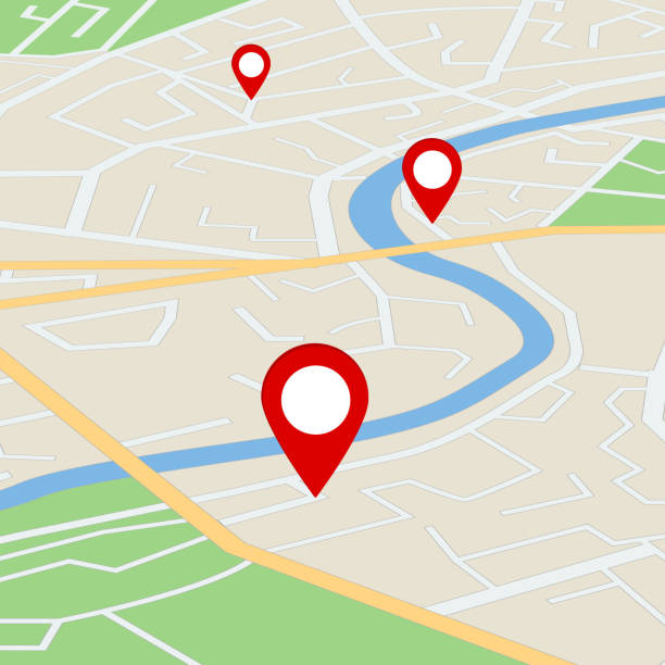 istock Flat street map with direction. Gps navigation on road town with pins. Simple information scheme of city with river for travel. Plan of route with orientation point. Scheme map from satellite. vector. 1209966637