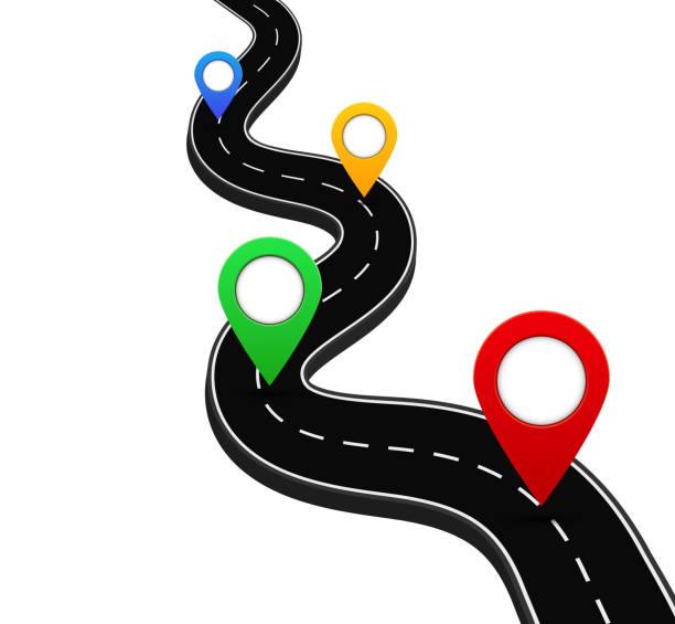 istock 3d road with gps navigation pin. Route road with point for direction in travel. Marker location on street of city. Destination of path. Plan of way with orientation poin. Journey concept. vector. 1209966648