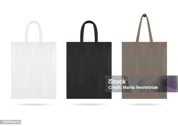 Canvas Tote Bag Mockup For Sale Shopping Sack Bags With White Black Color Blank Fabric Eco Bag With Handles Handbag For Travel Reusable Ecobag Template For Shopping Design Vector Stock Illustration - Download Image Now