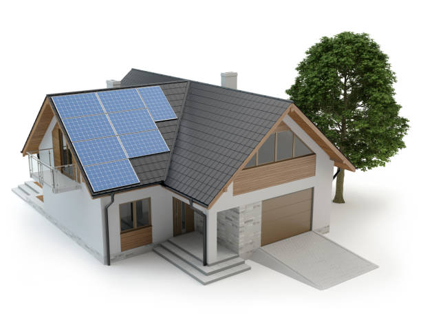 istock House with solar panels isolated on white, 3d illustration 1209968407