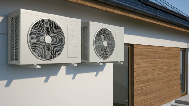 air conditioner system - two air compressors on house - house residential structure two objects building exterior imagens e fotografias de stock