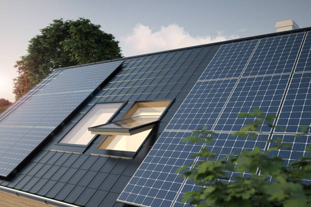istock Solar panels on the roof, 3D illustration 1209968427