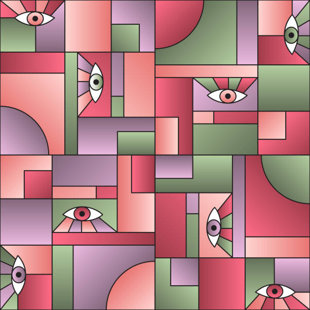 istock Eyes in geometric shapes grid modern fashion textile print 1209970016