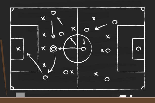 istock Soccer strategy on the black board with point stick, washcloth and chalks. Drawing tactical scheme for football team. Soccer tactic chalkboard. Graphic training coach. Sketch football stadium. Vector 1209972283