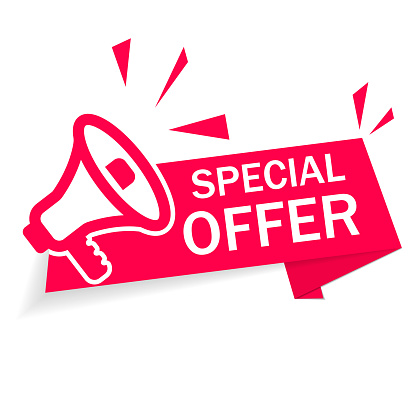 istock Red banner special offer with megaphone on white background. Ribbon of discount and sale. Modern advertising and promotion in store. Info of Special discount. Retail offer with low price good. Vector 1209972288