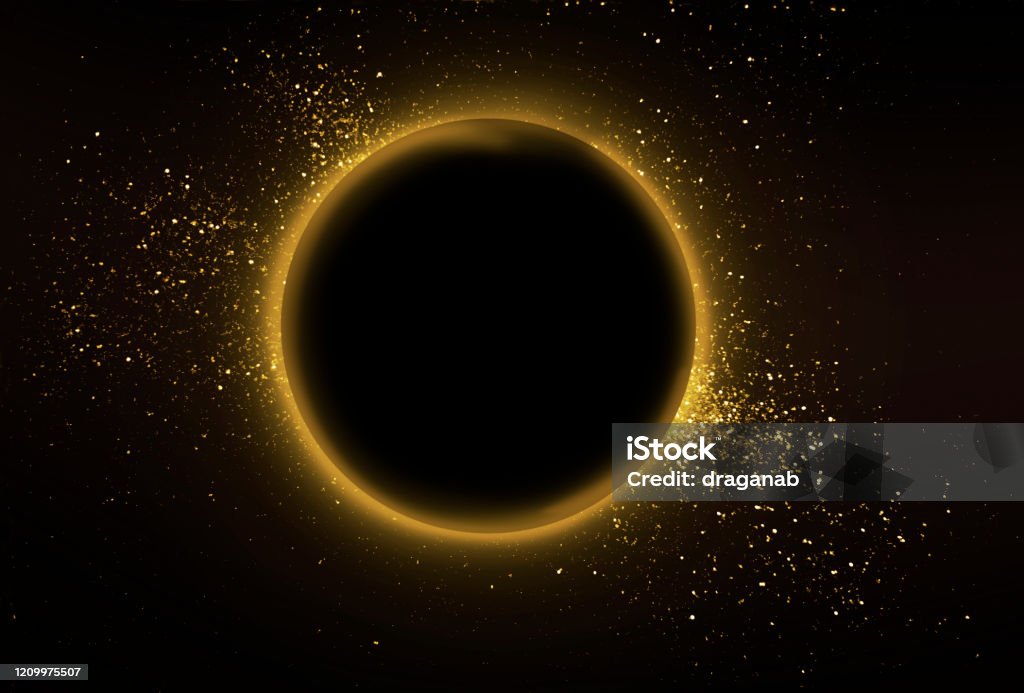 Gold ring Abstract composition of shiny gold sparkles and gold ring on black background Gold - Metal Stock Photo