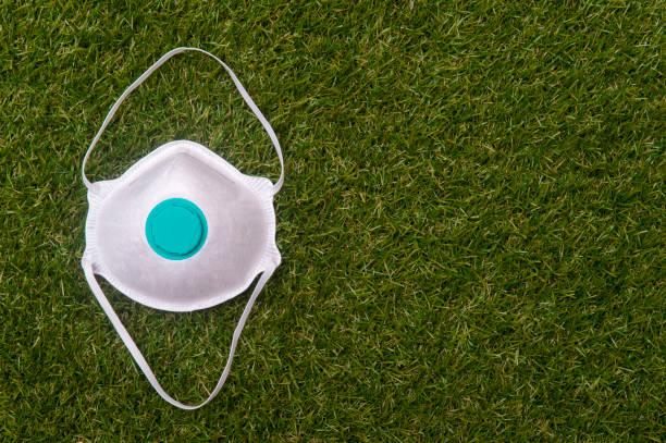 istock Mask on green grass background. Coronavirus or Covid-19 virus concept 1209975723