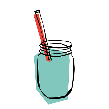 Vector illustration of a cartoonish smoothie in a jar. Cut out design element for a healthy lifestyle and eating, restaurants and bars, breakfast, lunch and dinner ideas and concepts, for social media and online messaging, meetings and social gatherings.