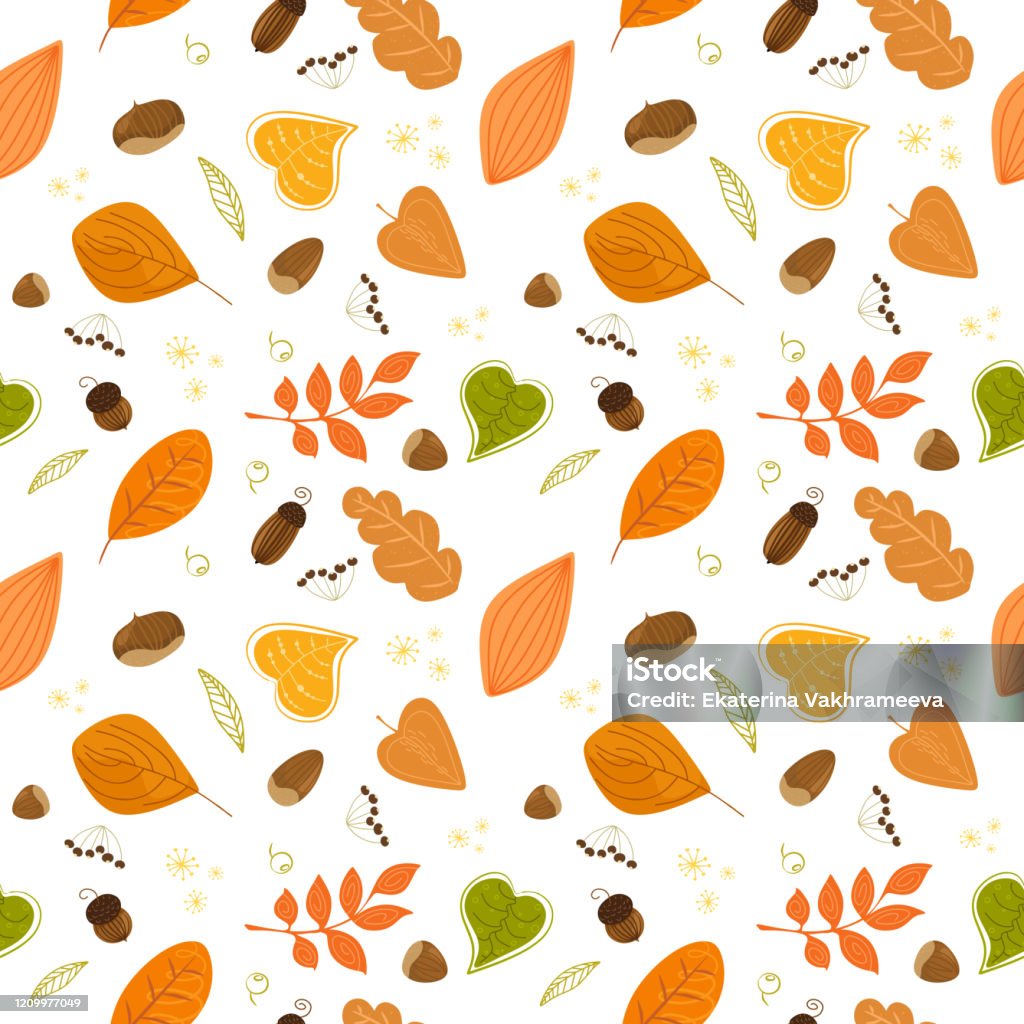 Abstract Pattern Nuts Seamless Autumn Pattern With Nuts And Leaves Vector Pattern Stock ...