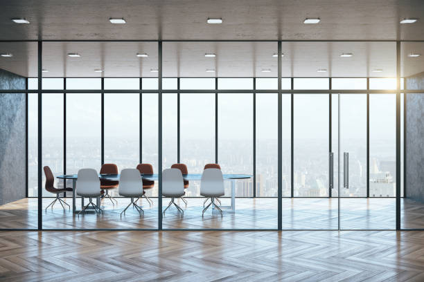 istock Modern meeting room interior with city view 1209979932