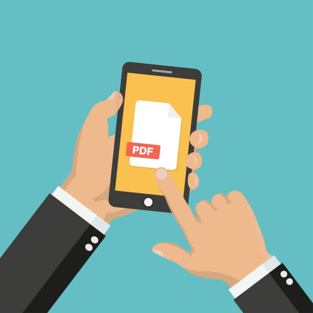 istock PDF file on smartphone screen. Hand holds smartphone, finger touches screen. Read, download, view PDF on phone, mobile device. Modern graphic for web banners, website. Flat design vector illustration 1209979985