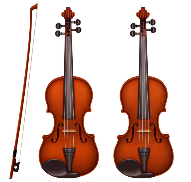 vektor realistische braune violine mit fiddlestick - streicherbogen stock-grafiken, -clipart, -cartoons und -symbole