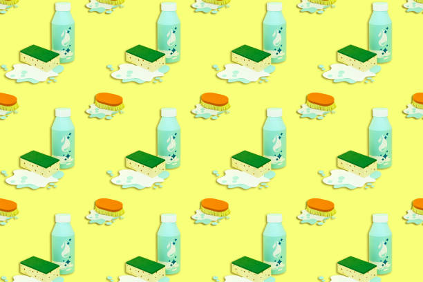Bright background with paper bottles with detergent and cleaning brushes. Real voluminous handmade paper objects. Minimal art cleaning service concept