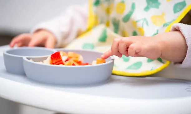 Photo of Macro Close up of Baby Hand with a Piece of Fruits Sitting in Child's Chair Kid Eating Healthy Food