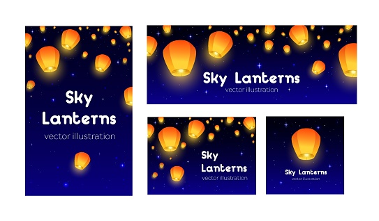 Flying Sky lanterns set banners. Background Diwali festival, Mid Autumn Festival or Chinese festive. Luminous floating lamps in the night sky with place for text. Color vector illustration isolated on white background