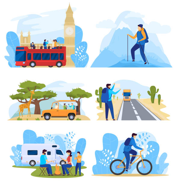 ilustraciones, imágenes clip art, dibujos animados e iconos de stock de diferentes formas de viajar, personas de vacaciones activas, conjunto de ilustraciones vectoriales - bus family travel destinations women