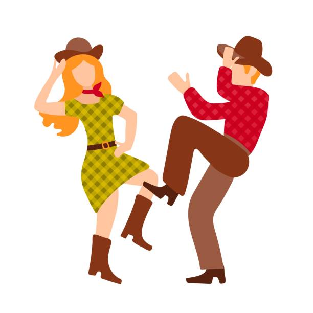 Vector illustration with cowboy and cowgirl dancing country western dance, isolated on white background. Clip art for a poster of a dance competition. Green, red and brown colors, retro couple in flat style Vector illustration with cowboy and cowgirl dancing country western dance, isolated on white background. Clip art for a poster of a dance competition. Green, red and brown colors, retro couple in flat style. line dance stock illustrations