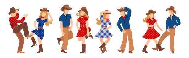 ilustrações de stock, clip art, desenhos animados e ícones de vector illustration of a group of cowboys and cowgirls in western country dancing a line of dance. couples man and woman dancing a cheerful dance in american folk style. - polka dancing